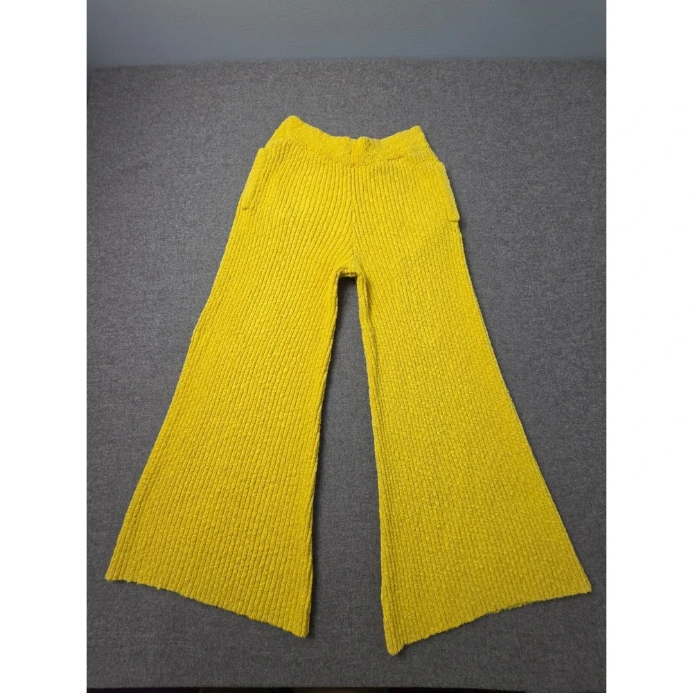 Free People FP Beach Knit Pants Women XS Yellow Flared Leg Elastic Waist Pull On